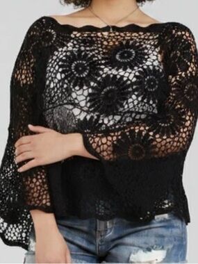 ADORA Black Crochet Lace Bell-Sleeve Top